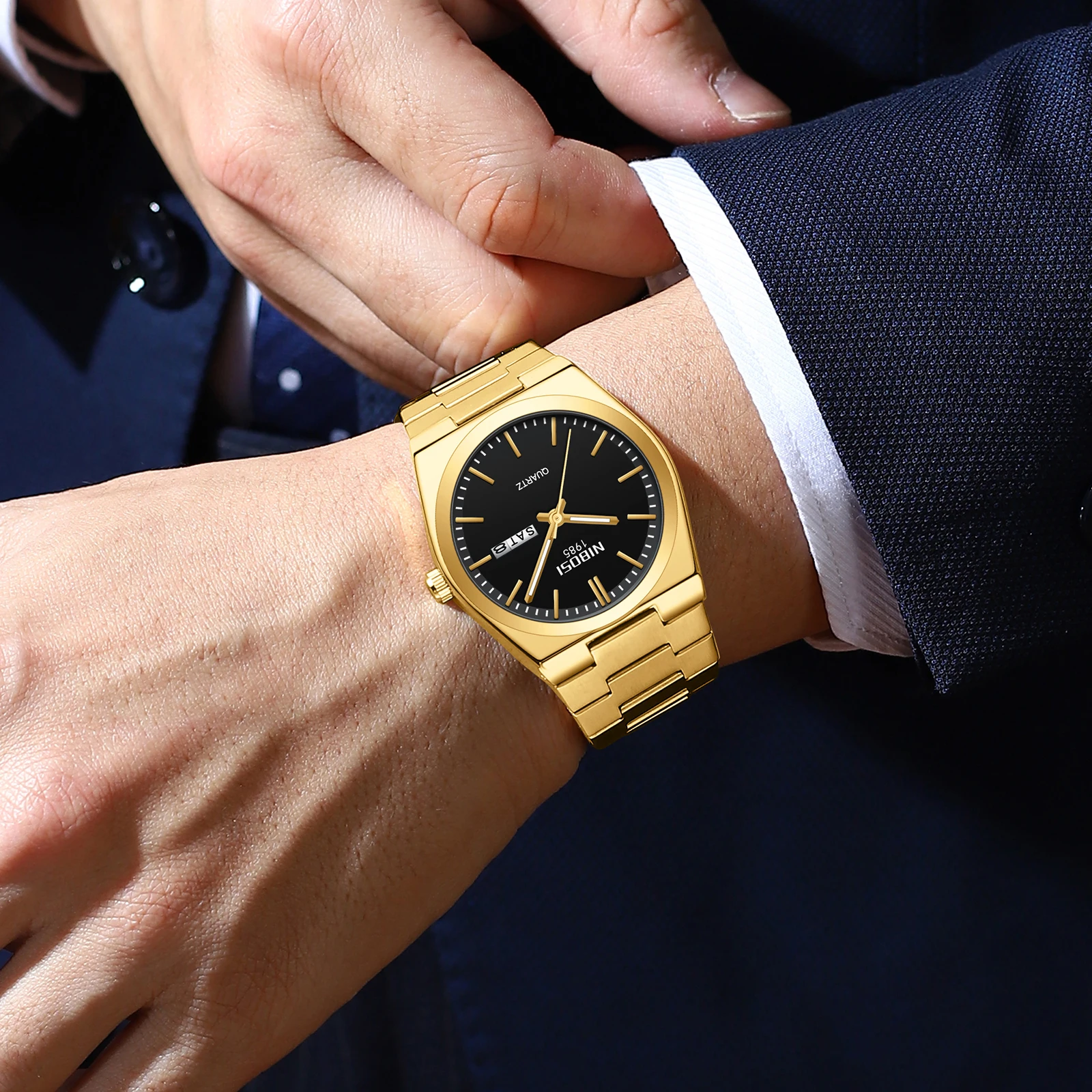 NIBOSI Fashion Mens Quartz Watches Gold Luminous Man Wristwatch Waterproof Calender Clock Stainless Steel Strap Male Watch