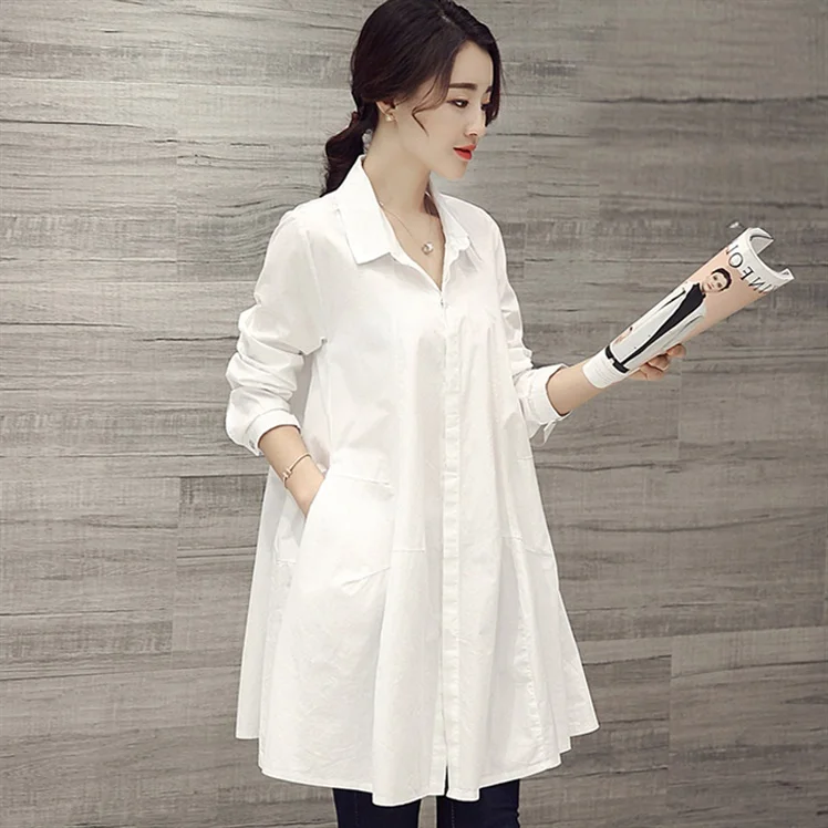 Autumn New Loose Maternity White Shirts Office Lady Elegant Blouses Long Sleeve Turn-down Collar Pregnant Woman Shirt Mini Dress