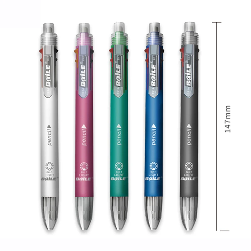 6 In 1 Multicolor Ballpoint Pens 5 Colors Ball Pen 1 Automatic Pencil With Eraser For School Office Writing Supplies Stationery Defense Ballpoint Pen