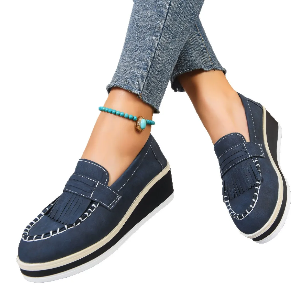 Black Loafers for Women Platform PU Leather Casual Shoes Woman Spring New Comfort Tassel Slip on Flats Single-shoe Plus Size 43