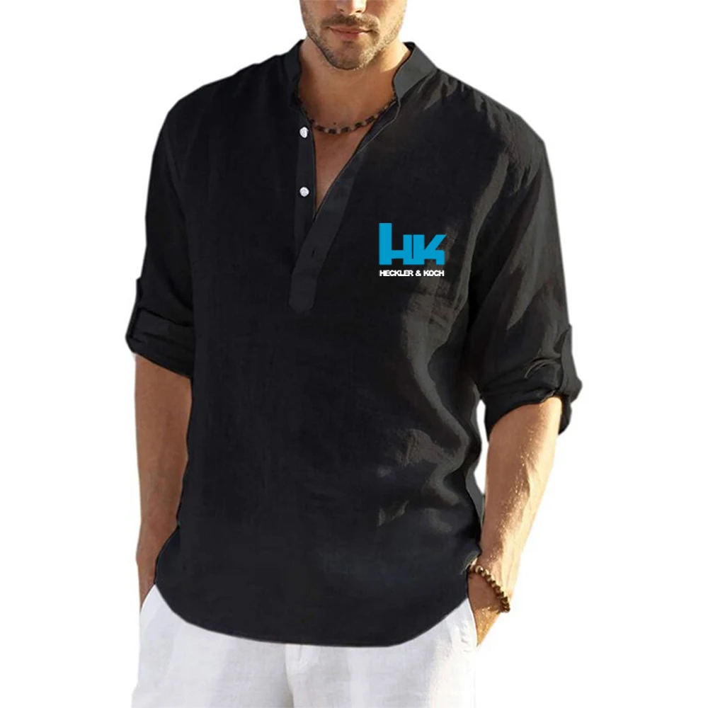 Summer Mens Graphic Long Sleeve V Neck Flax Shirt