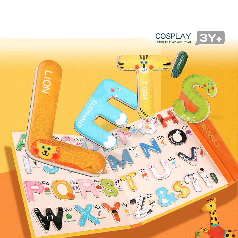Montessori Magnetic English Letters Wooden Toy 26 Alphabets Cognitive Puzzle Stickers Languages Learning Book Kids Education Toy 3