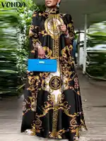 Plus Size 5XL VONDA Elegant Party Women Sundress Bohemian Stand Collar Sleeveless Printed Maxi Dress Casual Bat Sleeve Long Robe - Image 3