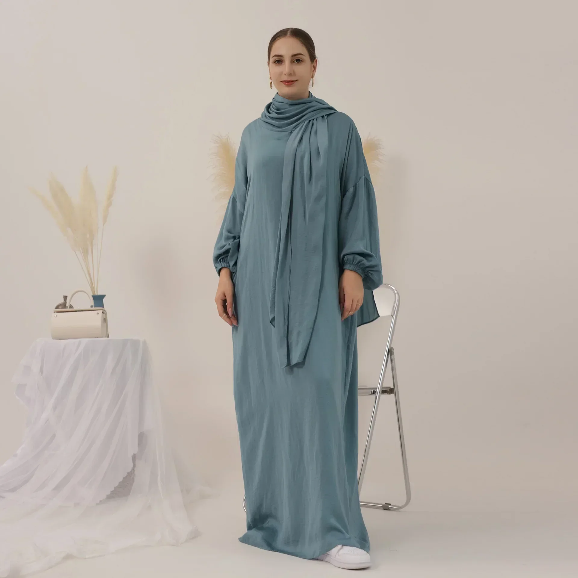 Ramadan Hooded Abaya with Integrated Veil Niqab Prayer Dress Muslim Eid Loose Abayas for Women Kaftan Hijab Robe Islam Dubai