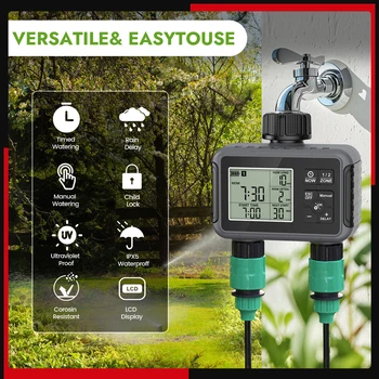 Water Timer Garden Irrigation System 2 Outlets Automatic Timing Valves Controller Rain Delay Watering Large LCD IPX5 Waterproof 1