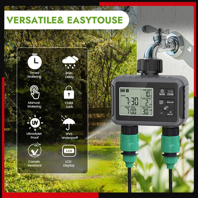 Water Timer Garden Irrigation System 2 Outlets Automatic Timing Valves Controller Rain Delay Watering Large LCD IPX5 Waterproof 1