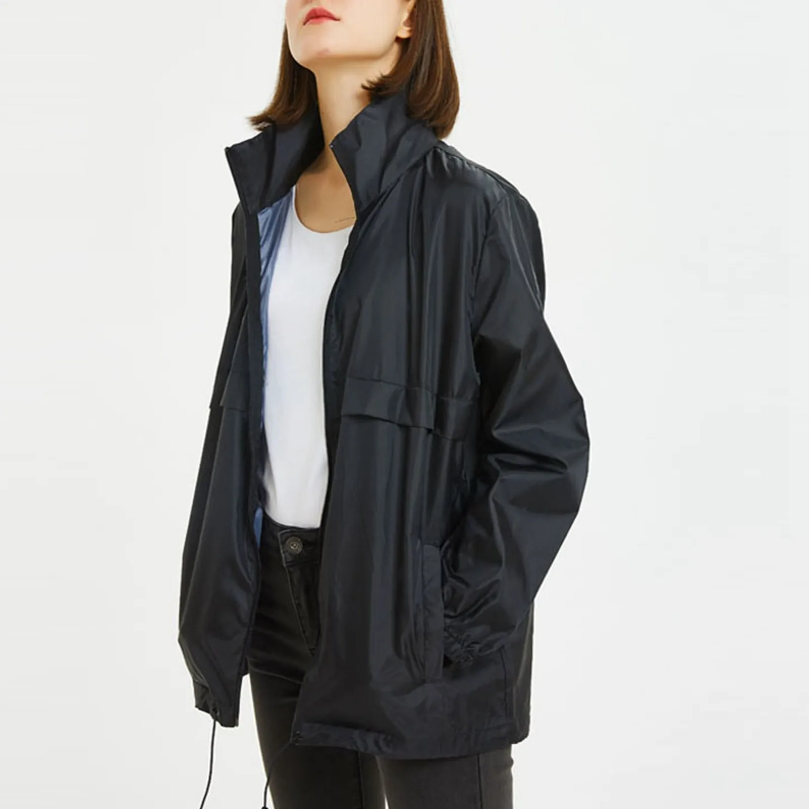 

Women's Polka Dot Loose Fit Hooded Trench Coat Rain Jacket Women Cute