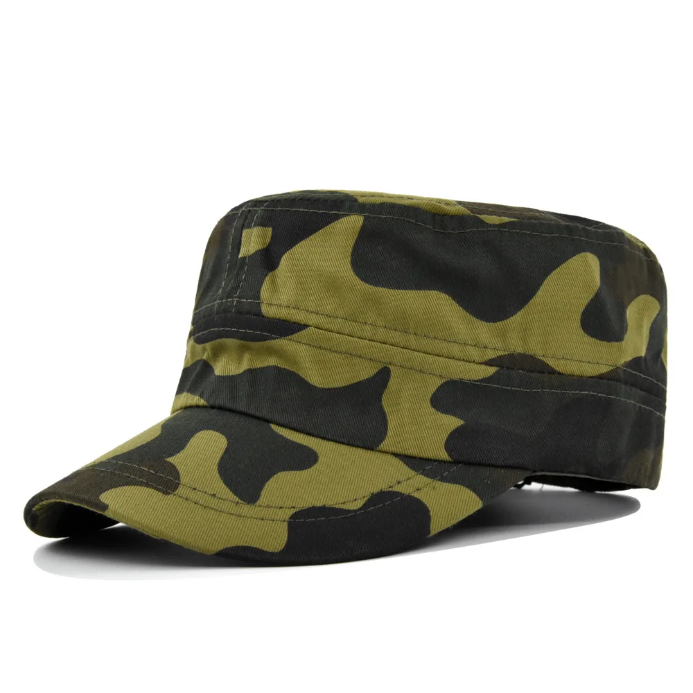 Retro Mens Cadet Army Cap Adjustable Washed Cotton Military Style Flat Top Hat