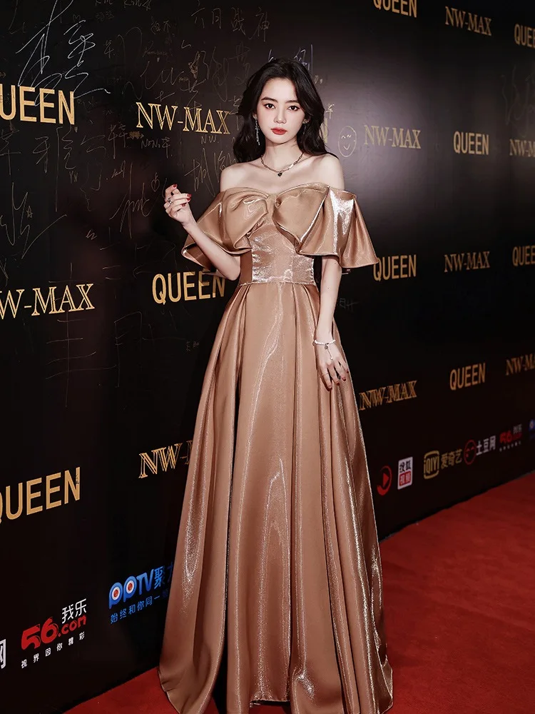 

khaki Shiny Satin Bridesmaid Dresses Bow Sleeves Floor Length Draped Off The Shoulder A-Line Wedding Evening Prom Dresses