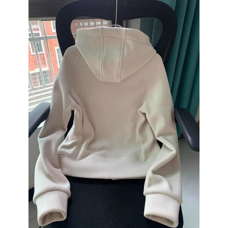 Women's Autumn/Winter New Slim Fleece-Lined Hooded Sweatshirt Petite Thickened Warm Casual Sport Cardigan Jacket