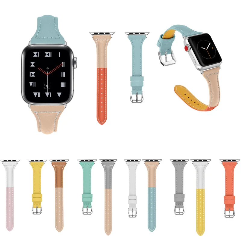

Fhx-16SJ Ladies Leather T-shaped Strap Apple Watch 6 5 4 3 Small Waist Color-blocking Leather Strap 38mm 40mm 42mm 44mm