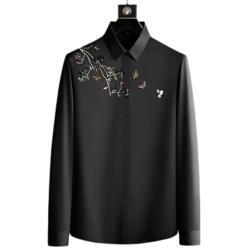 

Мужская приталенная рубашка с длинным рукавом, с цветочной вышивкой, весна-осень 2024