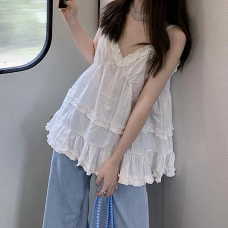 เสื้อกั๊กผู้หญิง คอ V หลังเปิด ผ้าลูกไม้ แฟชั่นเกาหลี