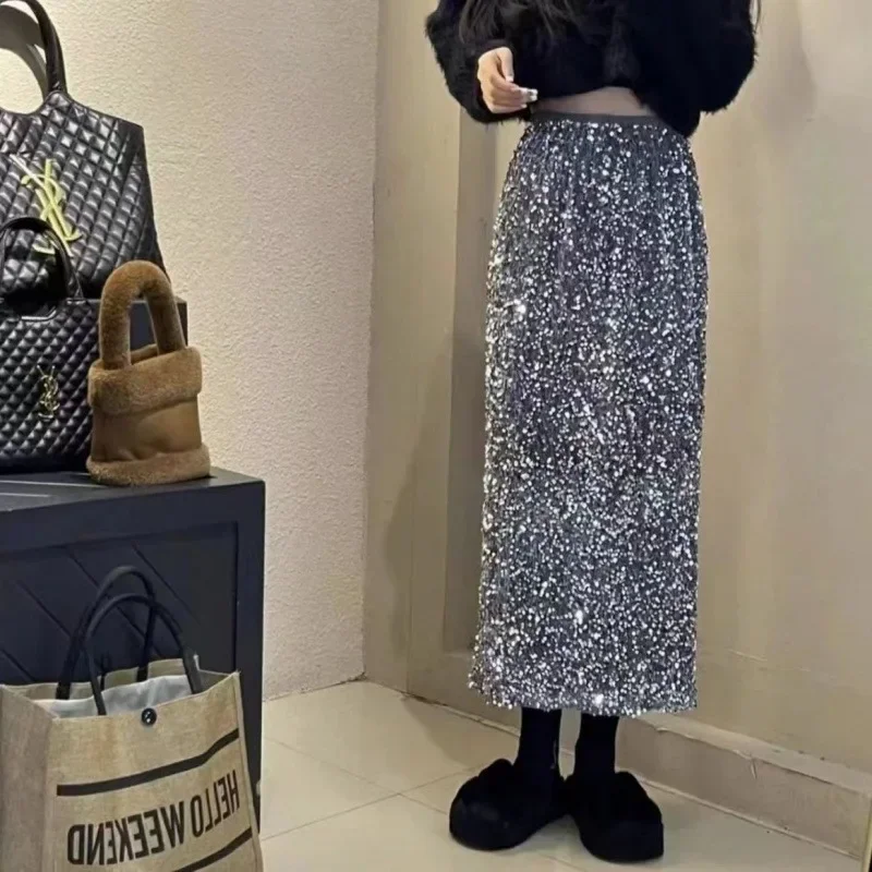 Plus Size Spring Sequins Side Slit Skirt