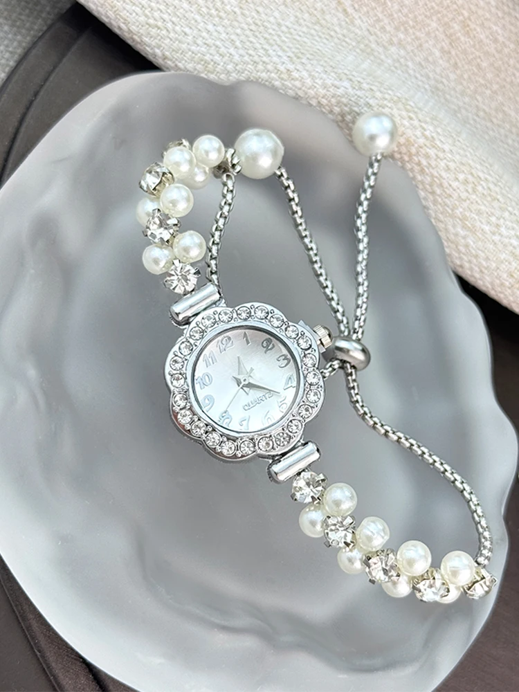 French Romantic Pearl Slide-On Bracelet Watch for Women with Flower Diamond Inlay Fashion Quartz Timepiece Lady's Accessory - 5