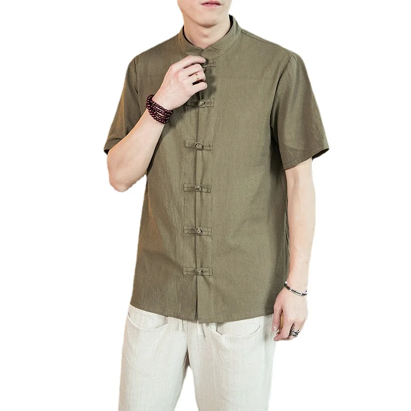 

Summer New Men's Chinese Style Button Retro Short Sleeve Shirt Top Linen Shirts Men Homme T Shirt