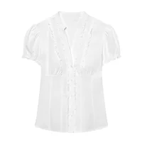 2026 new women's fashion casual sweet slim fit bubble sleeves layered decoration poplin shirt top - Image 2