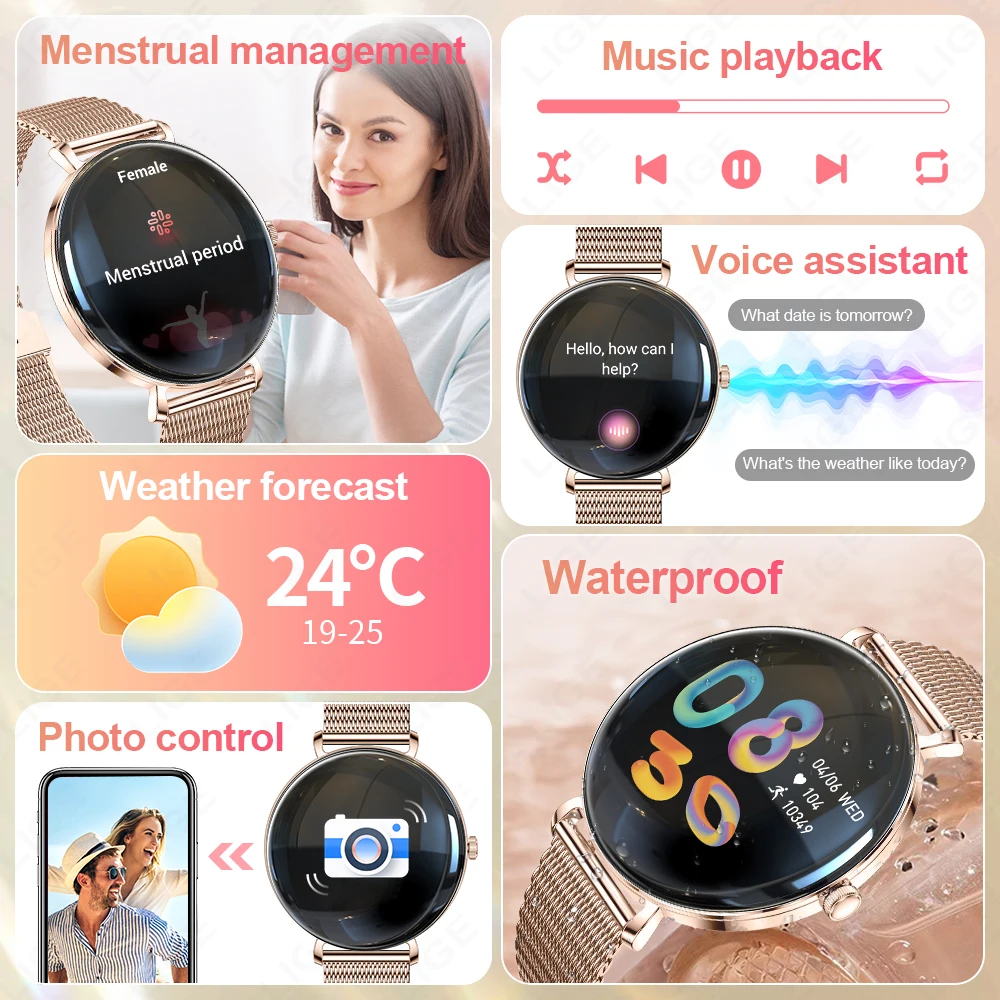 LIGE New Smart Watch Women 1.43 inch 466*466 AMOLED Screen IP68 Sports Waterproof Heart Rate Monitor Ladies Smartwatch Men Gift 5