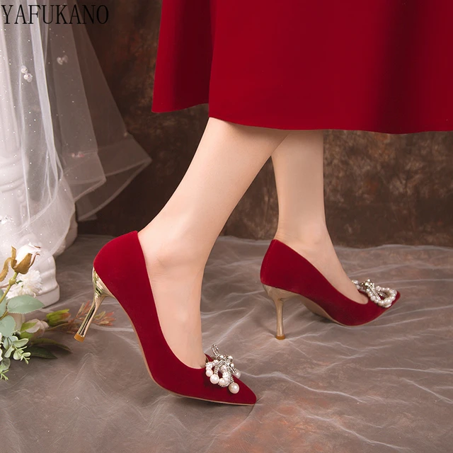 刺rhinラインストーンパールボウハイヒール、花嫁の結婚式の靴