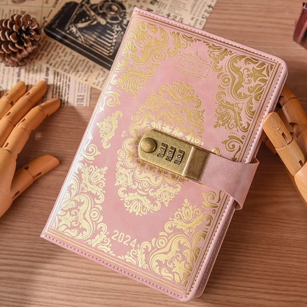 

A5 2024 Combination Lock Journal Ruled Lined Paper Vintage Agenda Notebook Floral Embossed Retro Combination Lock Secret Diary