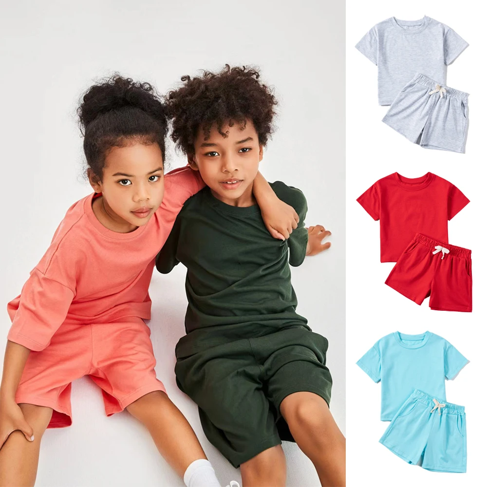 

2023 Children‘s Solid Tracksuit Baby Boys Girls Fashion Shorts Sleeves T-shirts+shorts 2PCS Clothes Sets Kids Summer Outfits