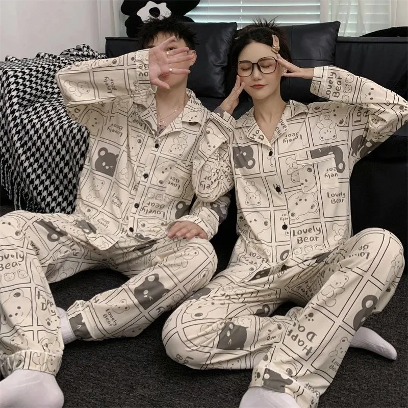 Latest Spring Autumn Pajamas Long Sleeve Striped Sleepwear Fashion Couple Home Wear Set Men Women with Lapel Print Nightdress