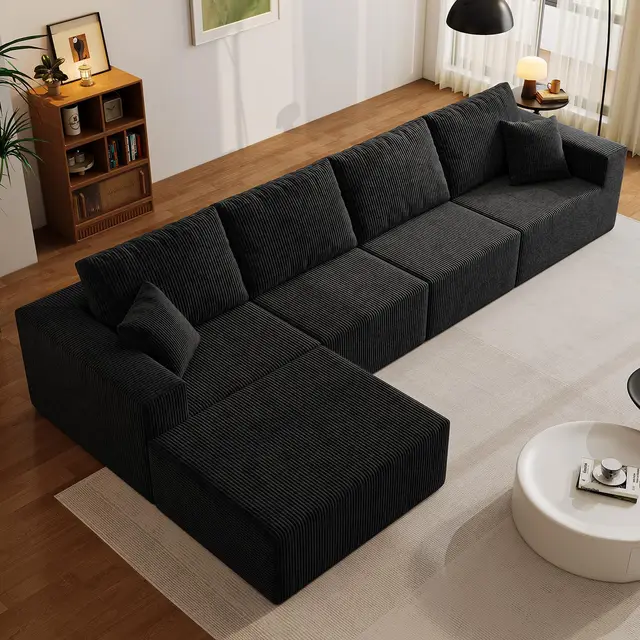 139" Cloud Sectional Sofa Deep Seat Modular L-Shape Frameless Corduroy Living Room 4-Seater Left Chaise Black Customized