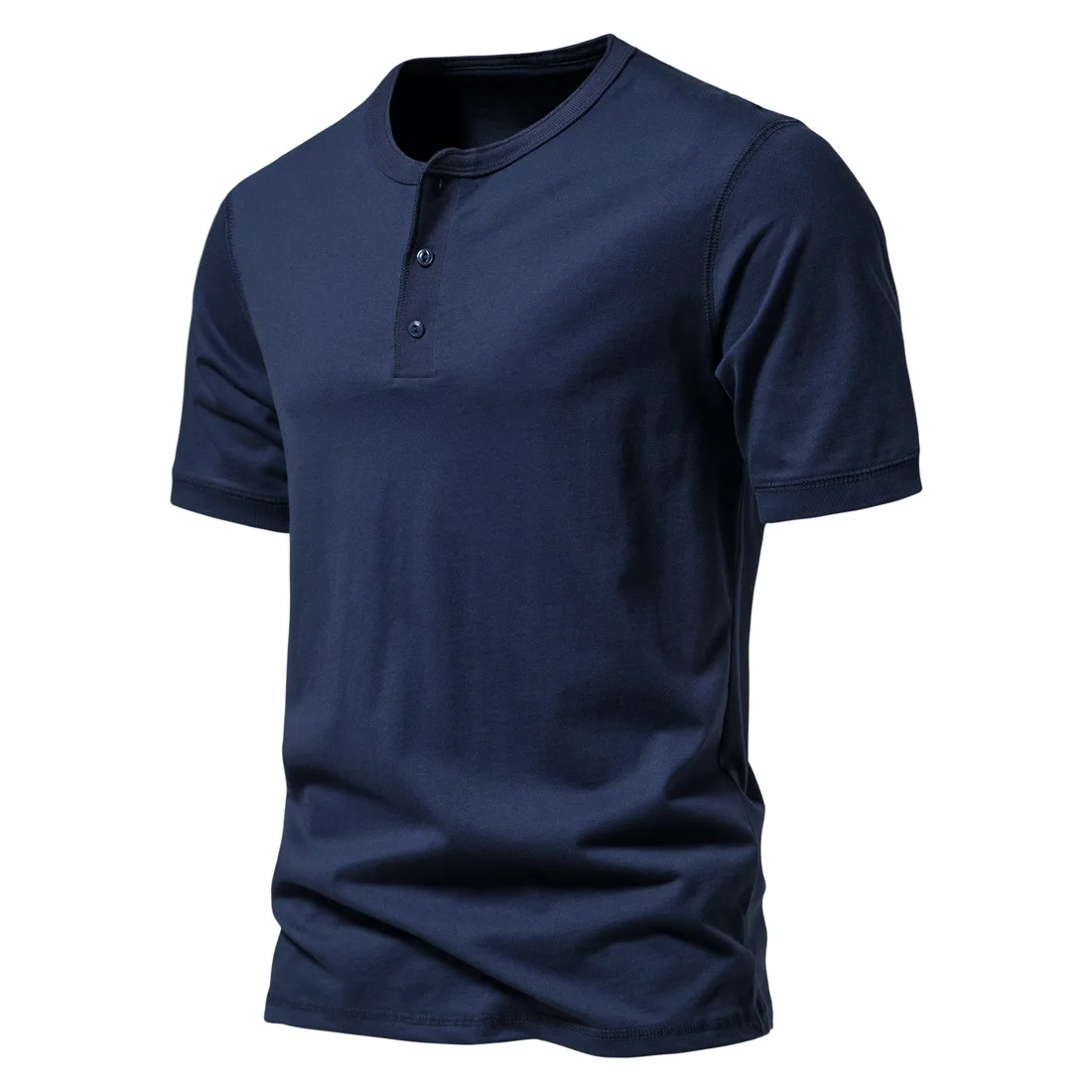 thumbnail image 1 of Camiseta de manga corta de algodón de color liso con cuello Henry de verano, 1 of 5