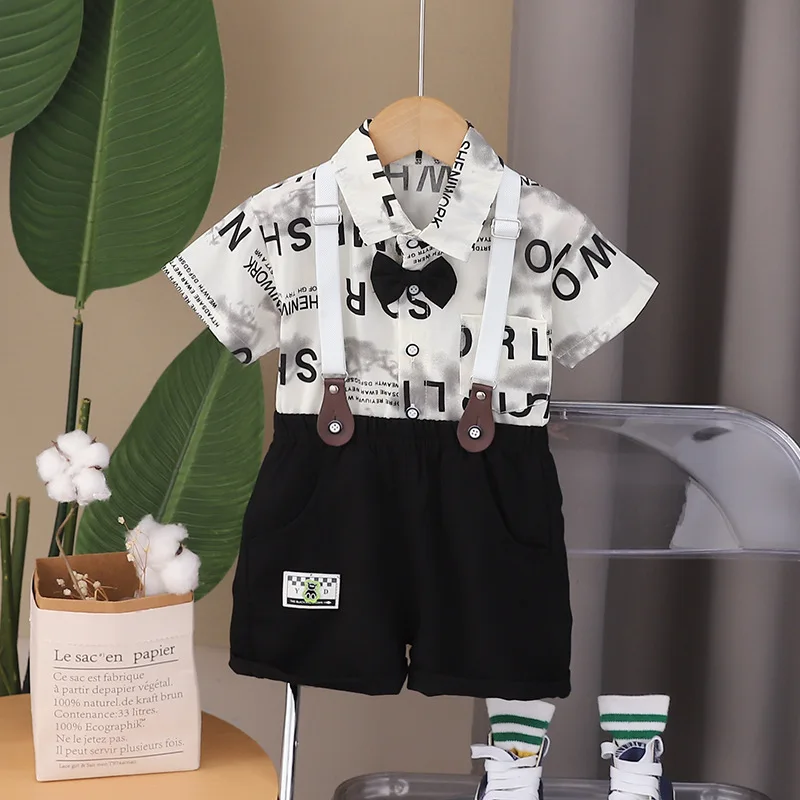 

2024 Summer Outfits for Baby Boy Clothes 1 To 2 Years Halo Dyed Letter Bow Tie Turn-down Collar Shirts and Shorts 2PCS Kids Suit