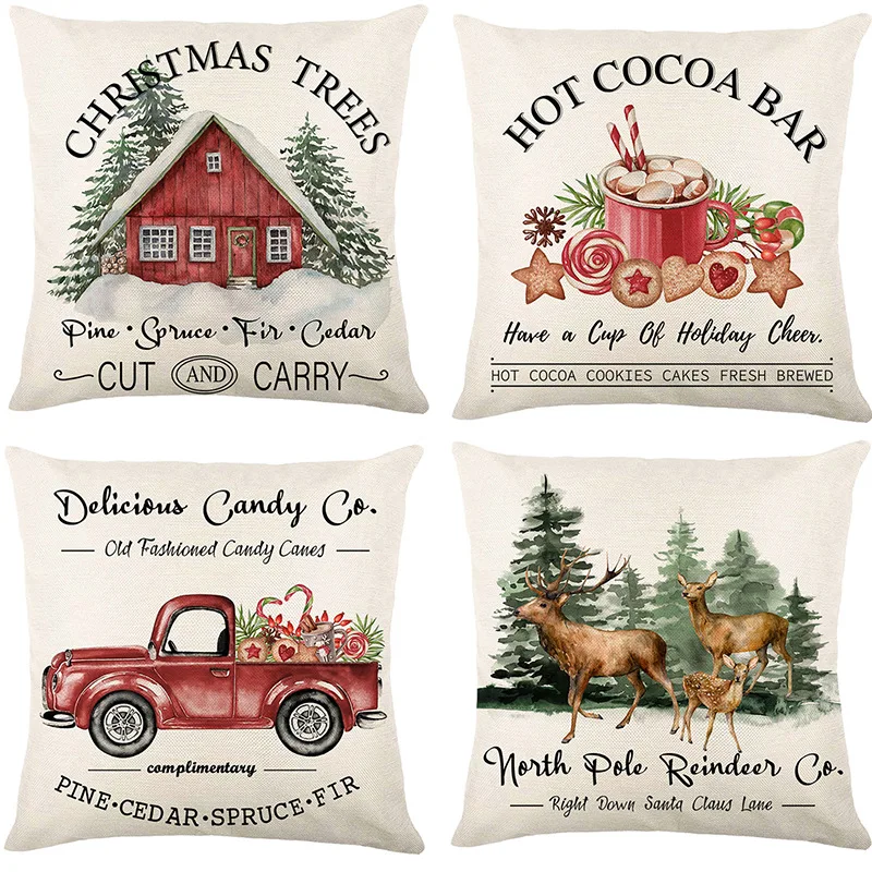 

Linen Merry Christmas Pillow Cover 45x45cm Throw Pillowcase Winter Christmas Decorations for Home Tree Deer Sofa Cushion Cover