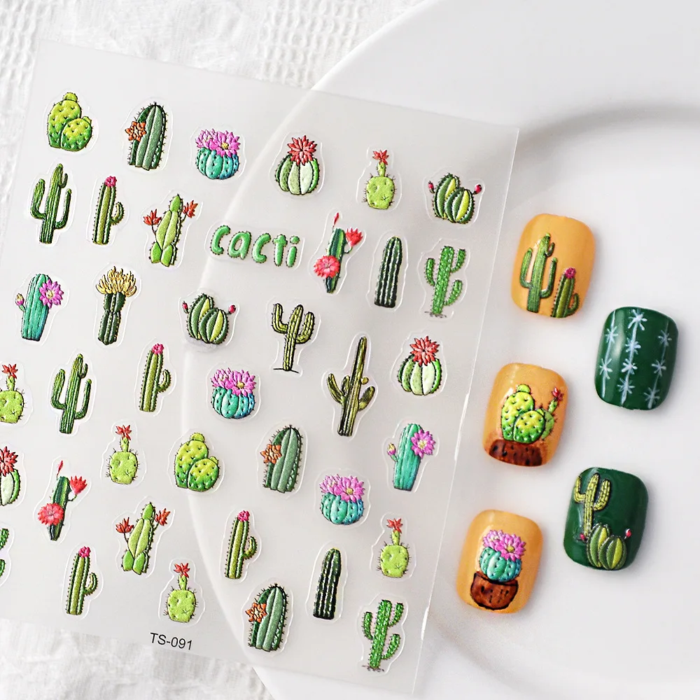 Green Colored Vivid Cactus Succulents Plants Series 3D Self Adhesive Nail Art Decoration Sticker DIY Manicure Decals Woman