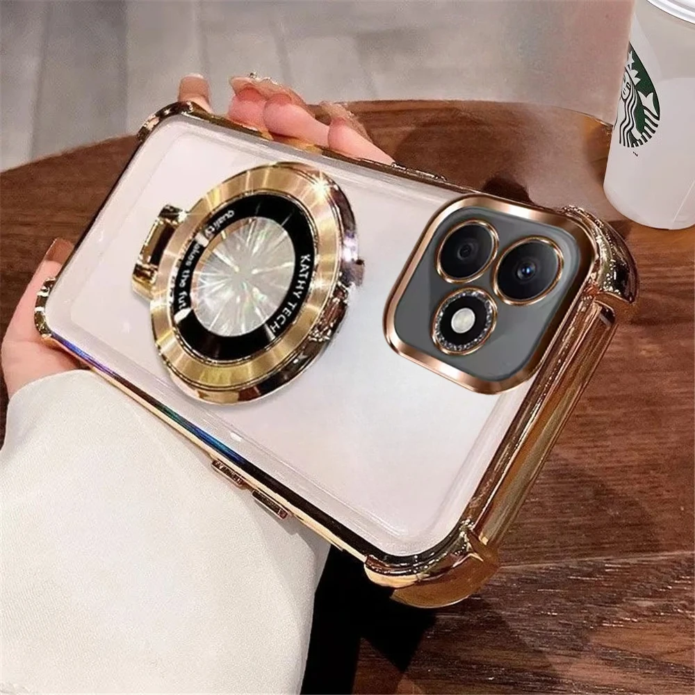 Luxury Plating Shockproof Phone Case with Soft Stand and Clear Cover