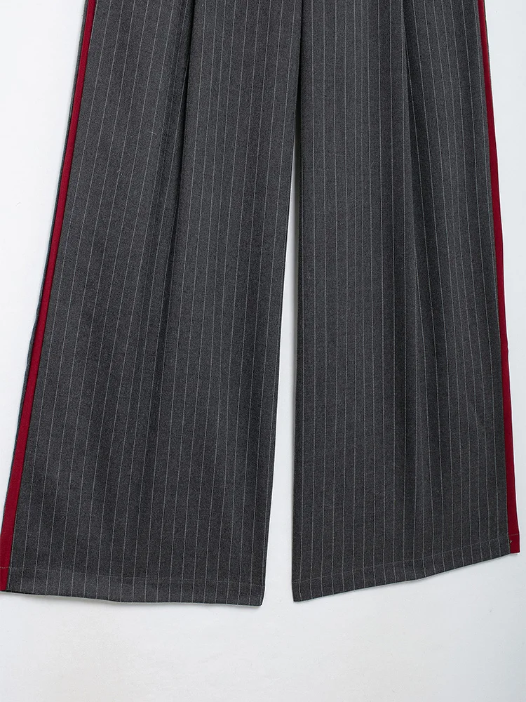 TFMLN 2024 Autumn Women Wide Leg Pants Vintage Stripe Print Decoration Red Side Splicing Female Pants Temperament Causal Pants