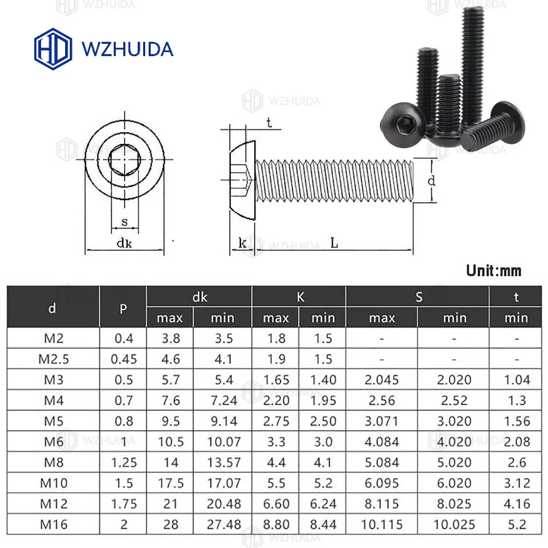Hexagon Socket Screw M2 M2.5 M3 M4 M5 M6 M8 M10 Black Hex Hexagon Socket Button Head Cap Screw Bolt A2-70 304 Stainless Steel ISO7380
