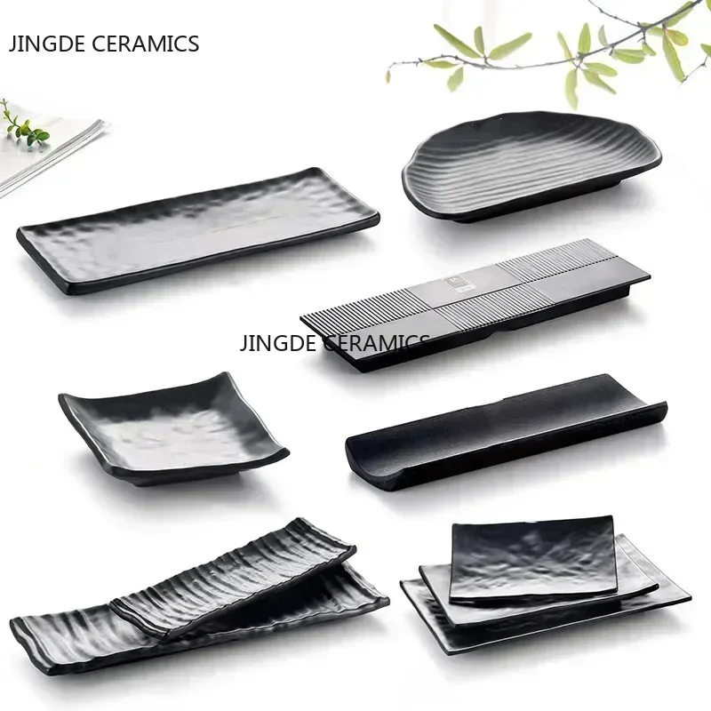 Black Scrub Striped Barbecue Meat Sushi Plate Melamine Kitchen Cutlery Korean Cuisine Saury Fruit Dessert Sushi Storage Plate dining dish