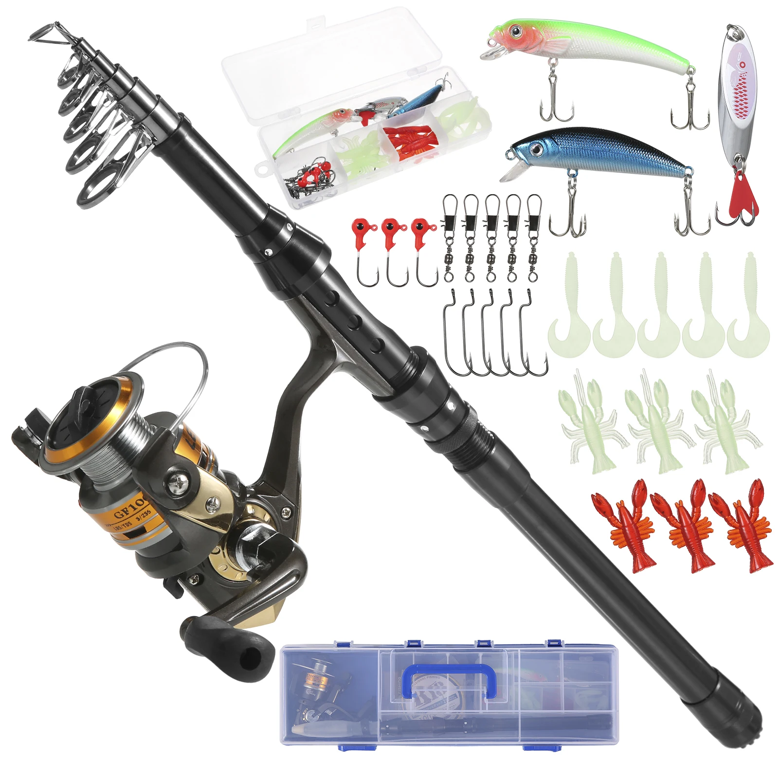 

Fishing Rod Reel Combo Full Kit 2.1m/1.8m Telescopic Fishing Rod Spinning Reel Set Hooks Lures Barrel Swivels with Tackle Box