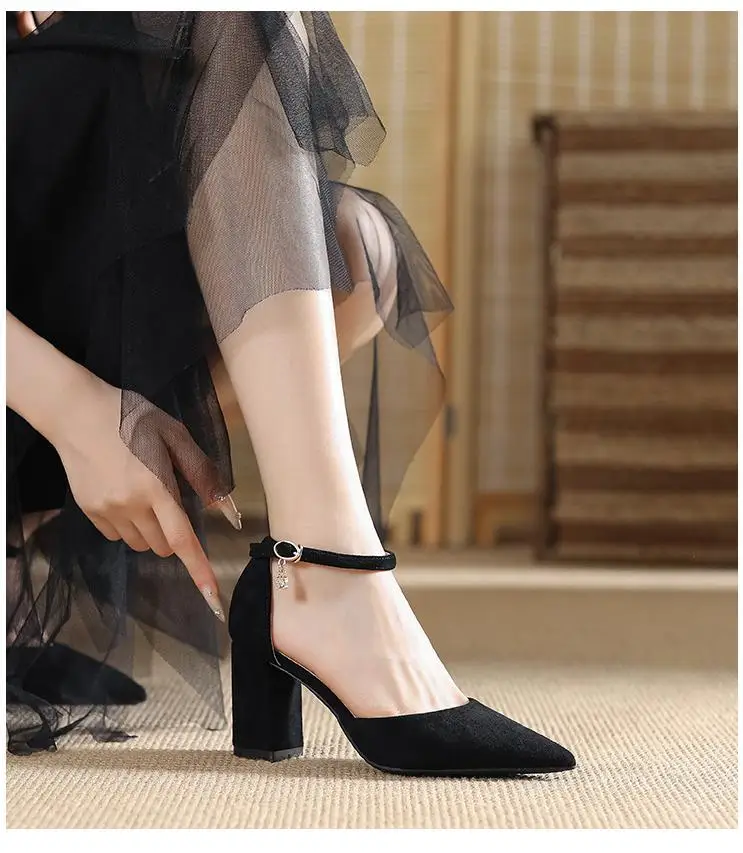 Size 30-44 Chunky High Heels Women Shoes Point Toe Ankle Strap