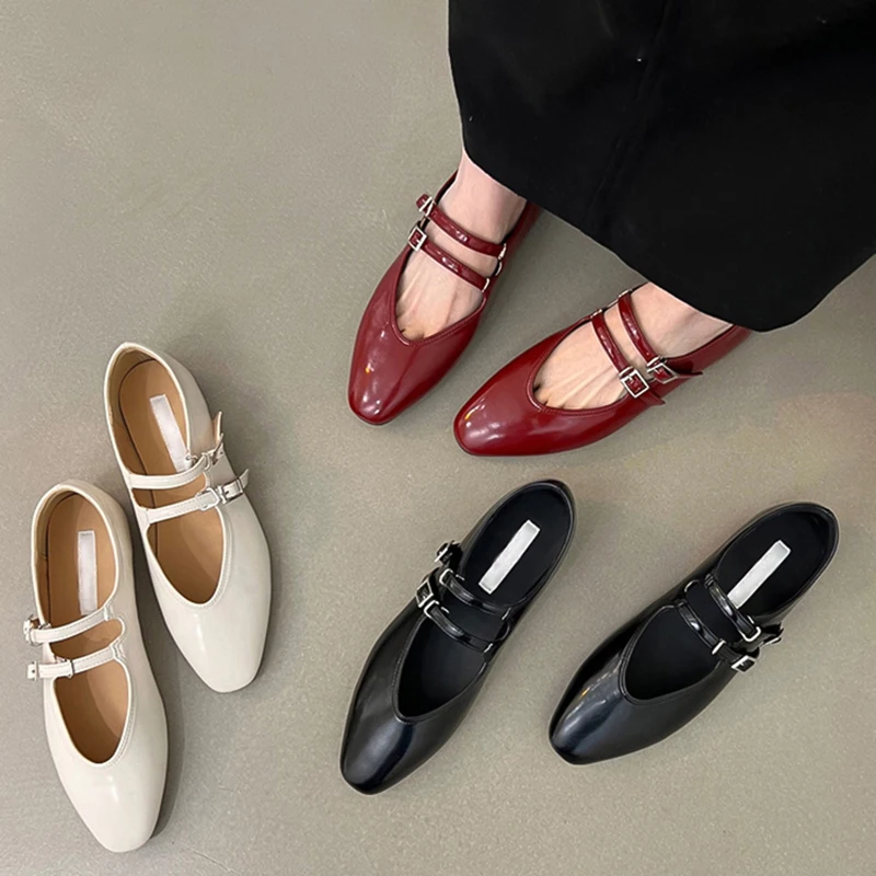 

2023 Spring Summer New Women Soft Sole Flats Shoes Women Fashion Buckle Shallow Low Heels Elegant Ladies Retro Mary Janes