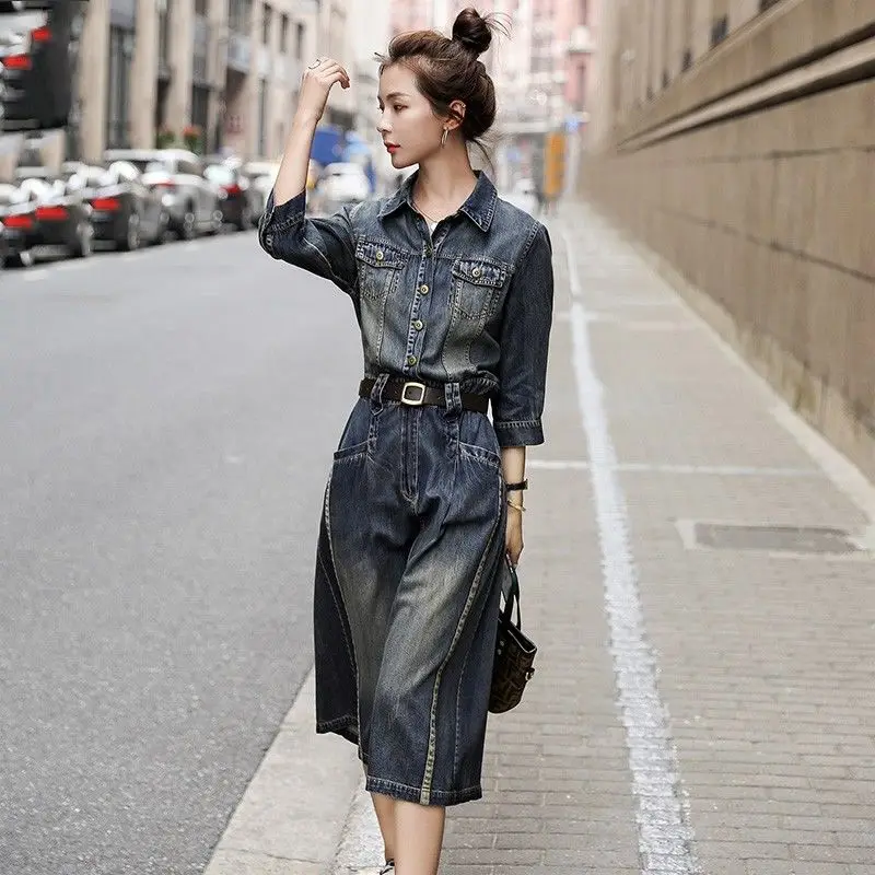 

Denim Skirt Dress Women Autumn 2023 Casual Mid length Early Autumn Temperament Capri Sleeve Solid Korean A-line Dress Female