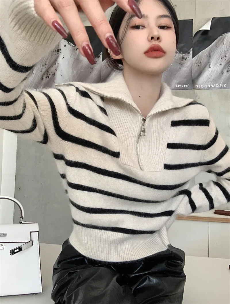 Women's Autumn Winter New Fashion Retro Lapel Half Zipper Contrasting Stripes Sweater Casual Long Sleeved Loose Knitted Coat
