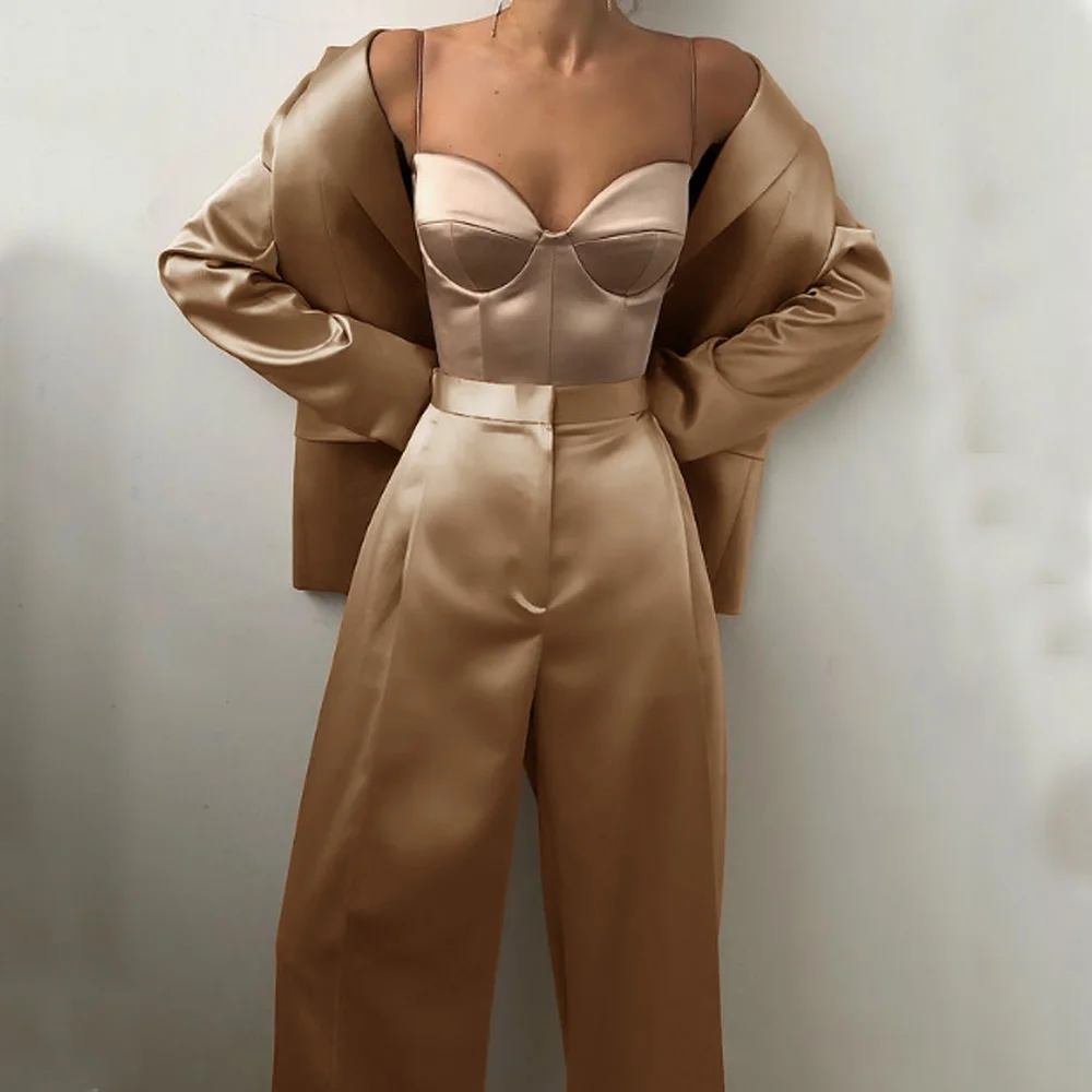 Women's Full Suit Street Fashion Style Elegant Ladies Casual Simple Satin Two Piece Suit (jacket + Pants) Single Breasted