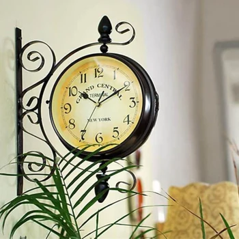 Vintage Double-Sided European Wall Clock – Wrought Iron Train Station Style 1