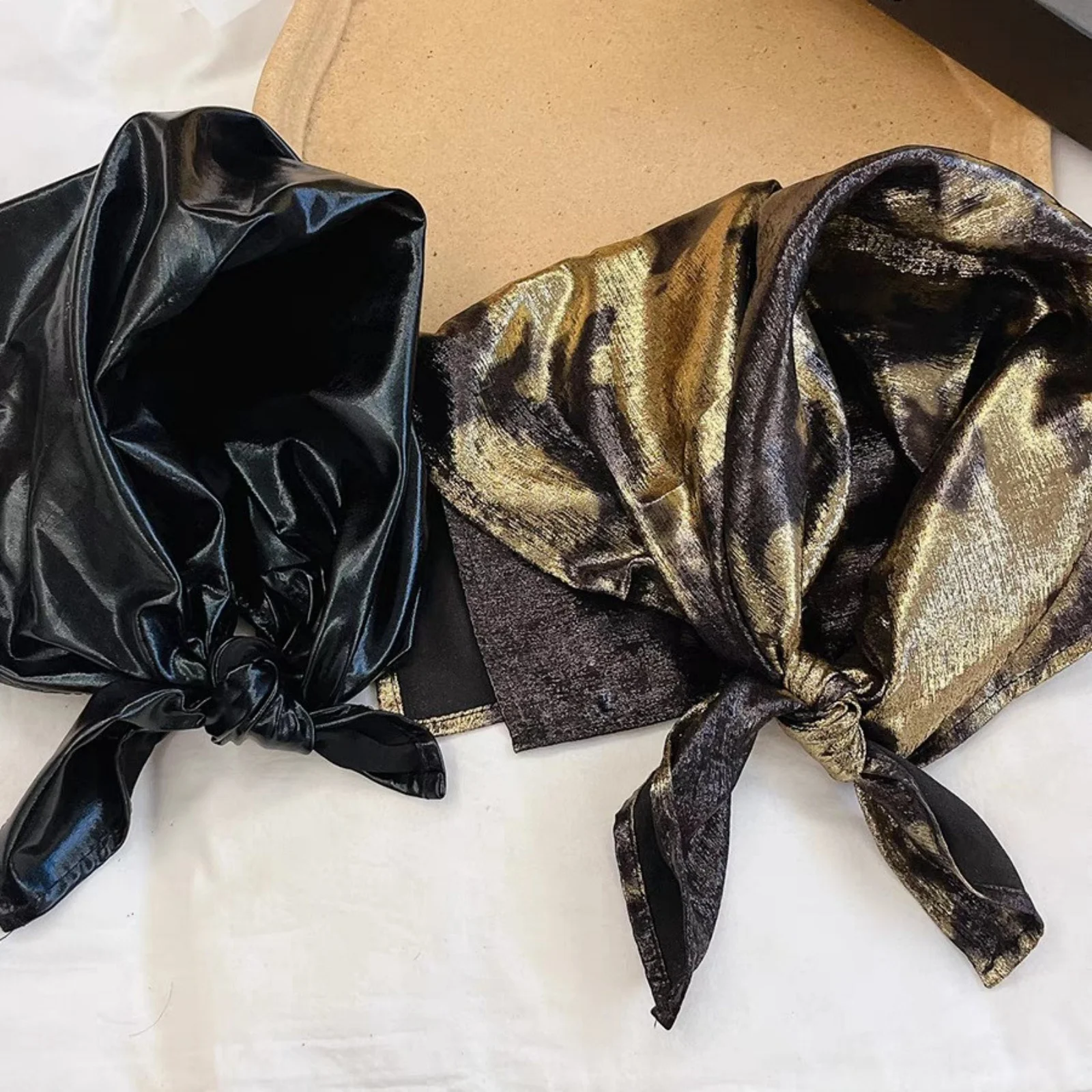 1PC Metallic Gold & Black Head Scarf, Tie-Back Turban Headwrap, Stylish Hair Accessory for Women, Perfect for Fashionable Looks