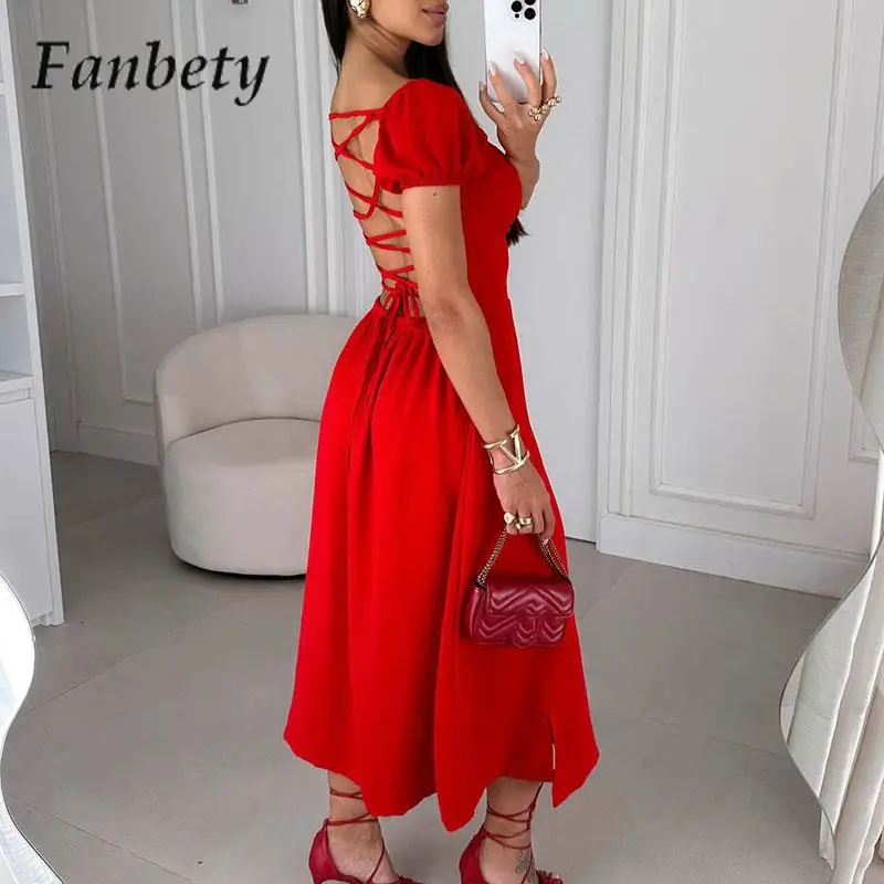 

Summer Casual Short-Sleeved Slit Dress Spring Cross-Strap Halter Hollow Dress Fashion Solid Color V-Neck Party Dress Vestidos
