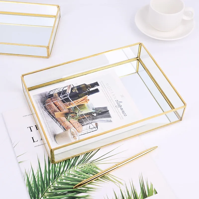 Nordic Retro Storage Tray Gold Rectangle Glass Makeup Organizer  Dessert Plate Jewelry Display Home Kitchen Decor WF1015 2