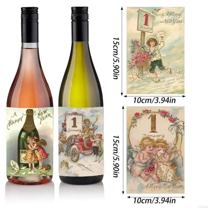 12Pcs Retro Happy New Year Wine Bottle Label Sticker for Home and Restaurant Use