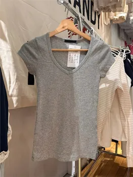 Sweet Gray Lace Trim V-neck Short Sleeve Tee Women New Cotton Casual Simple Slim Tops Clothes Vintage Basic Preppy Style T-shirt 1