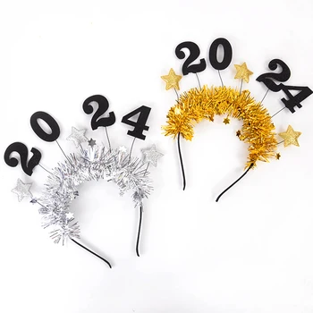 2024 새해 축하 머리띠, 골드 실버 반짝이 스타 모자, 어린이 성인 새해 파티 크리스마스 사진 소품 장식 선물