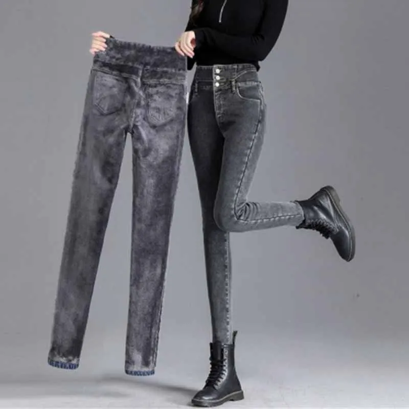 

Высококачественные Новые Винтажные эластичные облегающие джинсы с завышенной талией, женские брюки-карандаш на пуговицах, повседневные Зимние флисовые теплые джинсовые брюки для мам, 32