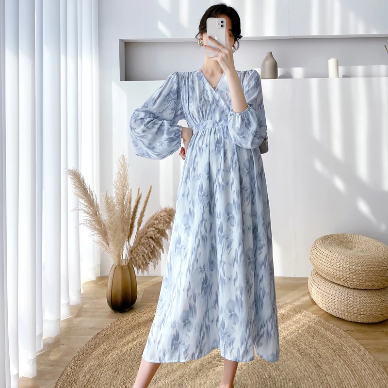 Spring Maternity V-neck Shirts High Waist Pregnant Woman Beach Dresses Fashion Print Loose Pregnancy Chiffon Holiday Dress maternity tops